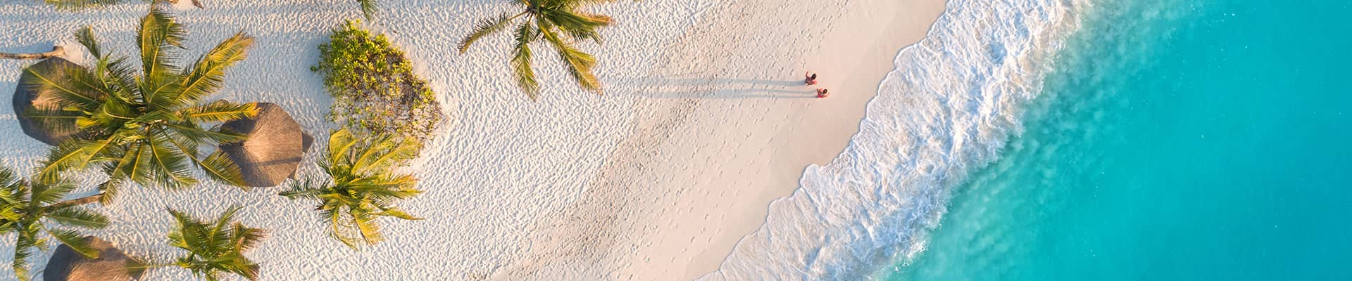 looking down on a couple walking along a beach 